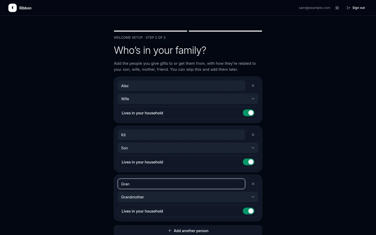 Welcome setup, step 2: who is in your family