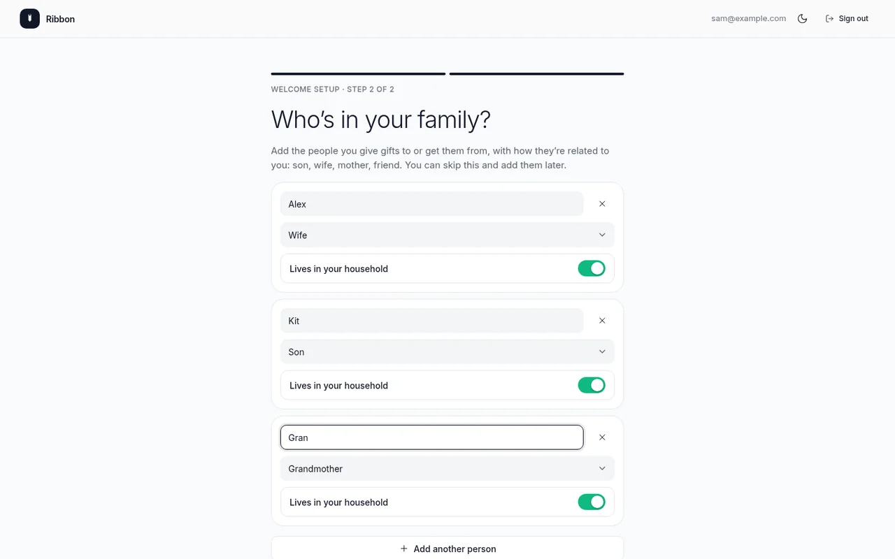 Welcome setup, step 2: who is in your family